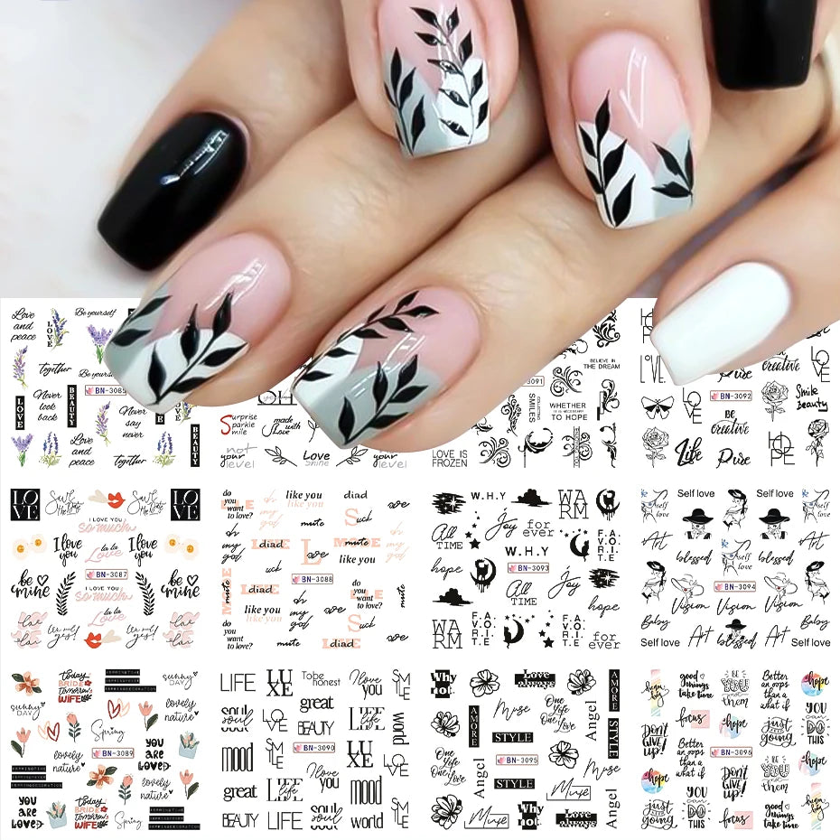 Black Leaves Letter Nail Stickers
